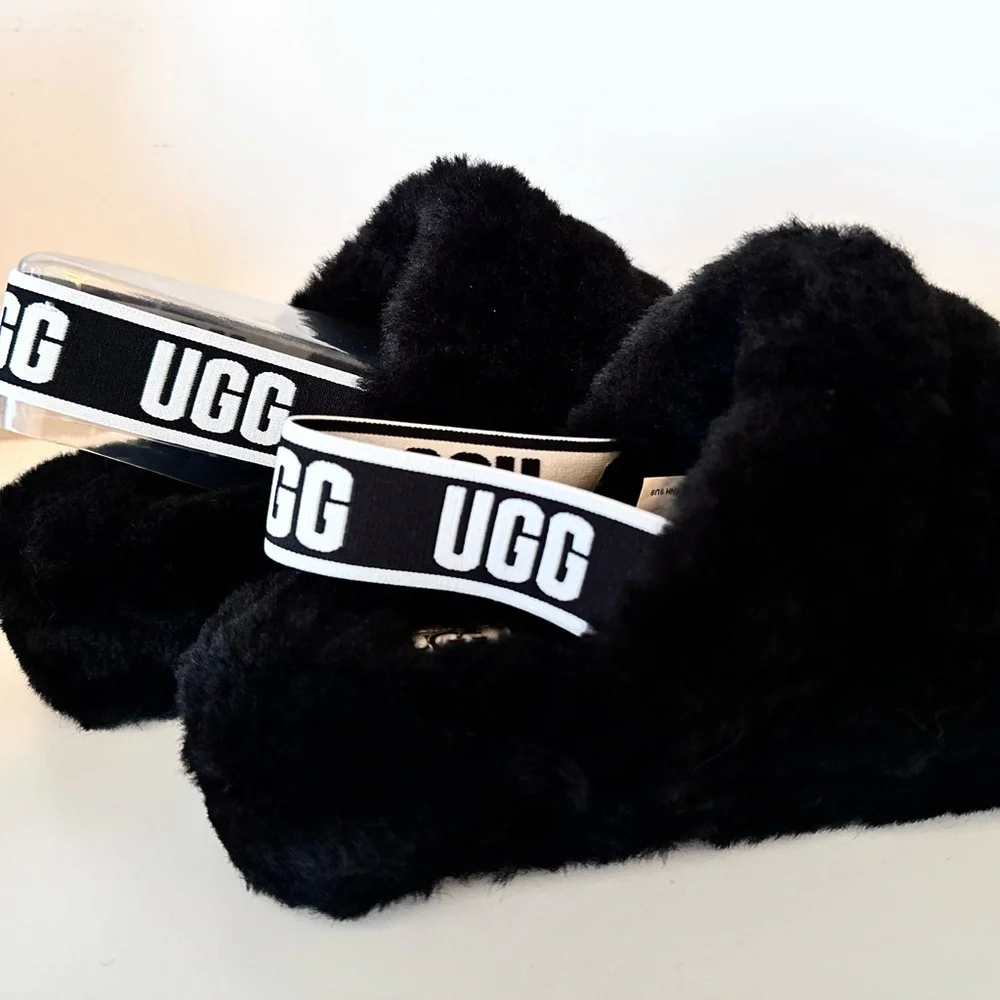 UGG Black Fluffy Slippers with Logo Strap - Picture 5 of 6
